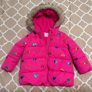 💕Children’s Place Pink heart Puffer Jacket with Faux Fur Hood